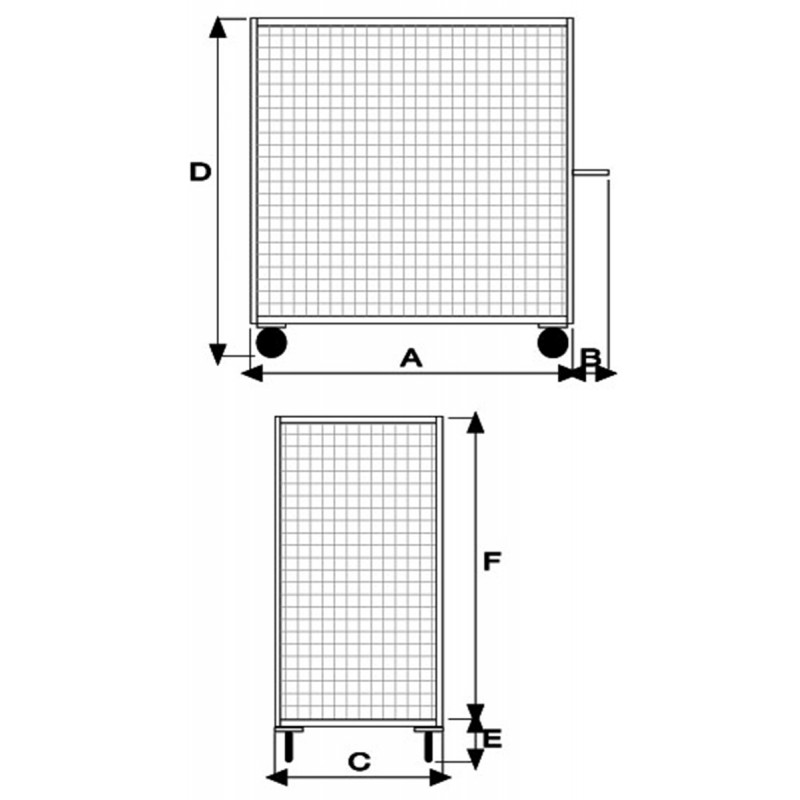Disegno tecnico pianale zincato a 3 sponde ruote pneumatiche