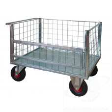 4 sided zinc plated mesh truck, 1 wall with a folding top panel and 4 swivel casters,2 with brake