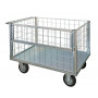 4 sided zinc plated mesh truck, 1 wall with a folding top panel and 4 swivel casters,2 with brake